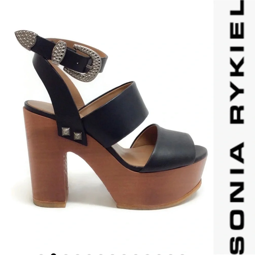 NEW Sonia Rykiel Black Leather/Wood Platforms 38